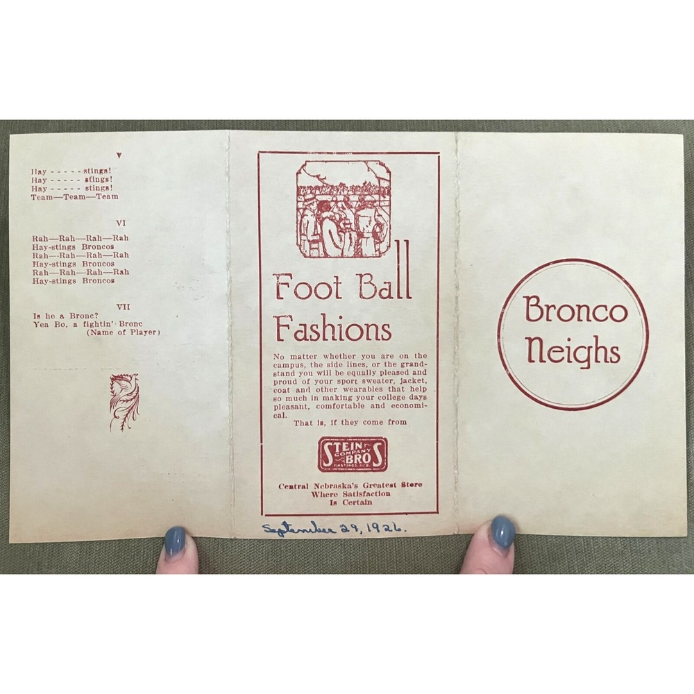 RARE Hastings College Broncos Neighs Football 1926 Schedule Song Lyrics & Cheers